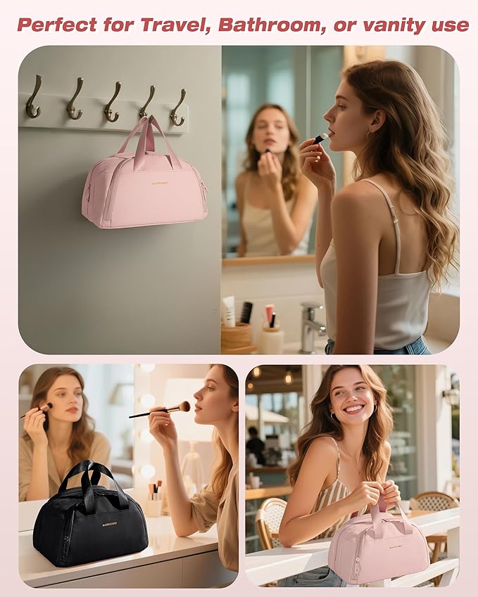 Travel Makeup Bag, Small Size Waterproof Toiletry & Cosmetic Organizer with Leakproof Pockets for Bathroom or Vanity Use for Women, Pink