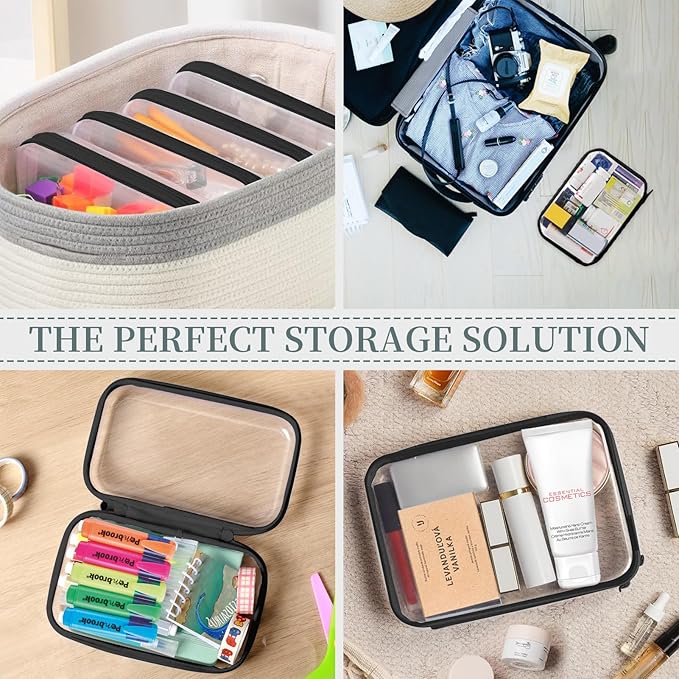 3 Pack Clear Hard Shell Zipper Case, Clear Zipper Pouches Waterproof Makeup Organizer & Travel Toiletry Bag, Plastic Pouch for Travel Office Storage, Black Medium Size