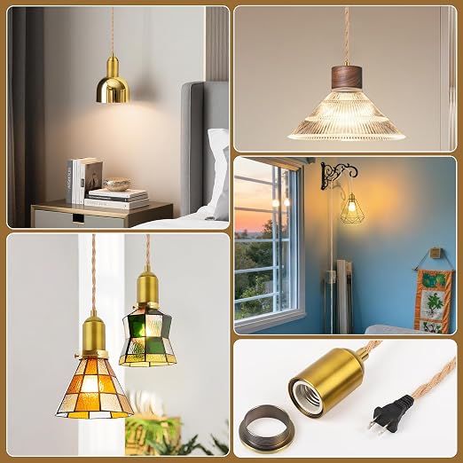 Plug in Pendant Light Cord 15FT Hemp Rope, Hanging Lamp Kit | Twisted rope cord, ceramic E26 socket, gold aluminum shell, inline switch, rustic hanging lantern style