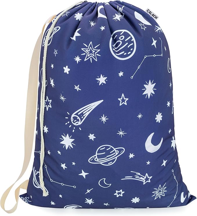 Canvas Laundry Bag with shoulder Strap 24"W x 29"H, Large Drawstring Dirty Clothes Bag Washable Laundry Sack for College Dorm, Travel, Home, Camp (Space)