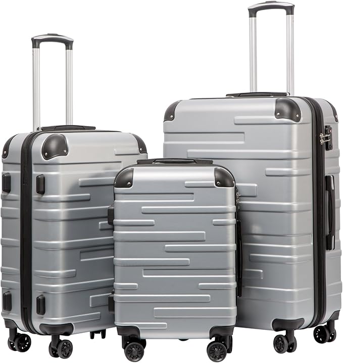 Coolife Hardside Luggage 3 Piece Set with TSA Lock, Spinner Wheels, Telescopic Handle, Lightweight Travel Suitcases (Silver, 3 piece set)