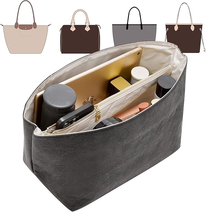 Doxo Long Champ Organizer Insert, Bag Organizer for Medium longchamp/G.oyard PM/Speedy 30/Neverfull MM and More, Light Waterproof DupontPaper le pliage Medium Organizer 6 Pockets, Black-white/M