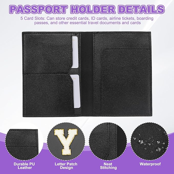 PATIKIL Passport Holder for Travel, Initial Passport Cover and Luggage Tag Set with Alphabet Chenille Letter Patch Travel Wallet Bag Suitcase Identifier for Women Family Travel Black Y