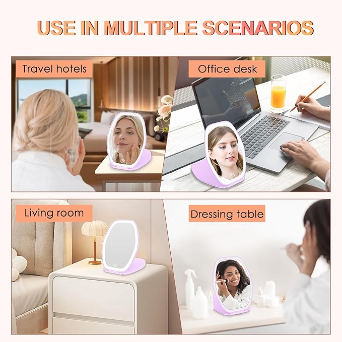 COSYGLOW Travel Makeup Mirror with Light: 3 Color Lighting Portable Mirror with Touch Screen Rechargeable Adjustable LED Lights Hexagon Vanity Mirror for Travel, Desk, Home (Purple)