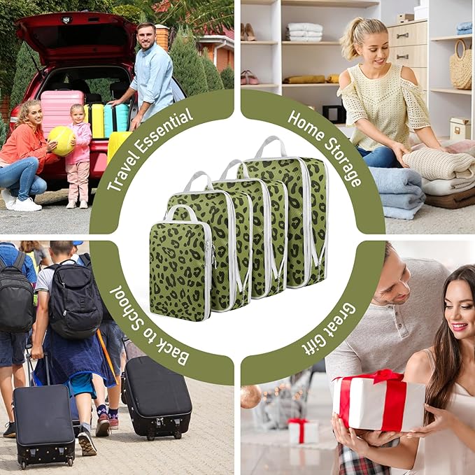4 Set Compression Packing Cubes For Travel Bags Organizer For Luggage Suitcase Organizer, Compression Bags For Travel Accessories Luggage Storage Set (4 Pcs, Green Leopard)