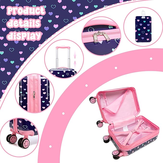 Kid's Luggage Set 5 Piece Suitcase Set 16" Hardside Luggage with Spinner Wheels Girls Carry on Toddler Travel Rolling Suitcase with Neck Pillow Airline Approved