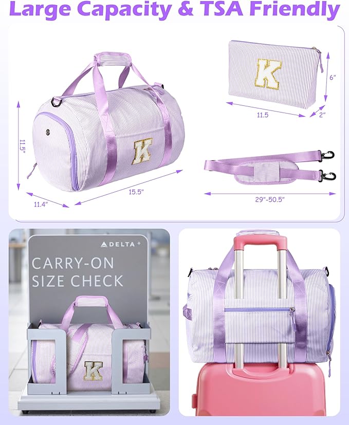 Dance Bag-Teenager Girl Gift Ideas, Girls Travel Duffle Bag, Kids Overnight Duffel Bags with Shoe Compartment, Personalized Gym Bags with Cosmetic Pouch, Stuff for Teen Girls (Letter L)
