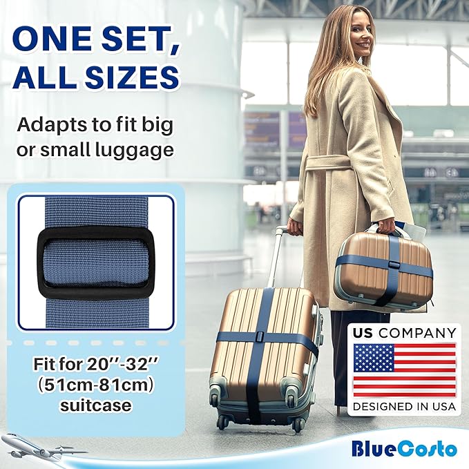 Luggage Straps for Suitcases - TSA Approved - Navy Blue, 4 PK - Premium Nylon Belts for Suitcase, Briefcase & Travel Bag - Adjustable Strap Length 46" - 78"