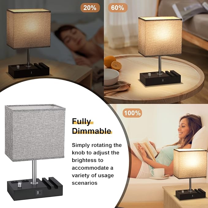 Kakanuo Grey Bedside Table Lamps Set of 2 - Dimmable, USB C+A, 2 AC Outlets | Dimming By Rotary Knob, USB C+A Ports, 2 Phone Stands, LED Bulbs Included, Rectangle Grey Lampshade, for Living Room, Desk
