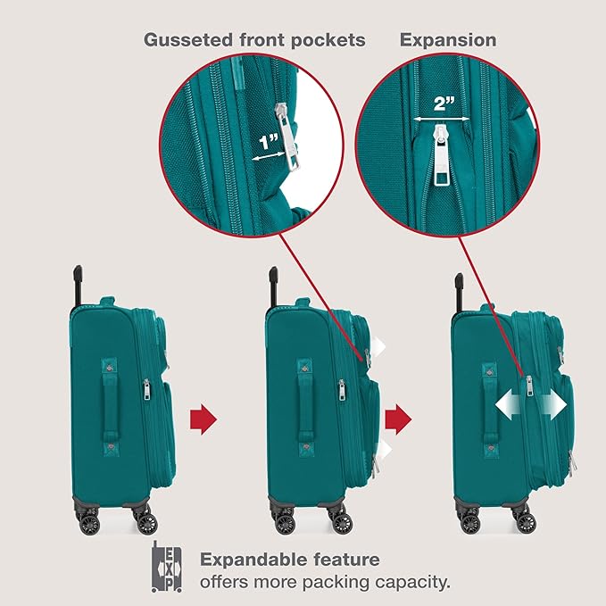 U.S. Traveler Rio Lightweight Softside Rolling Carry-on Suitcase, 4-Wheel Single, Teal