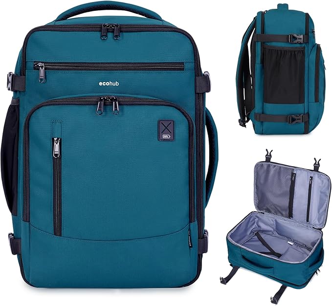 ECOHUB 17" Small Travel Backpack, United Airlines Personal Item Bag 17x10x9 with 16 Pockets, Water Resistant Rucksacks Fit 15.6" Laptop, AirTag Pocket, Lightweight Casual Daypack, 25L, Blue Green