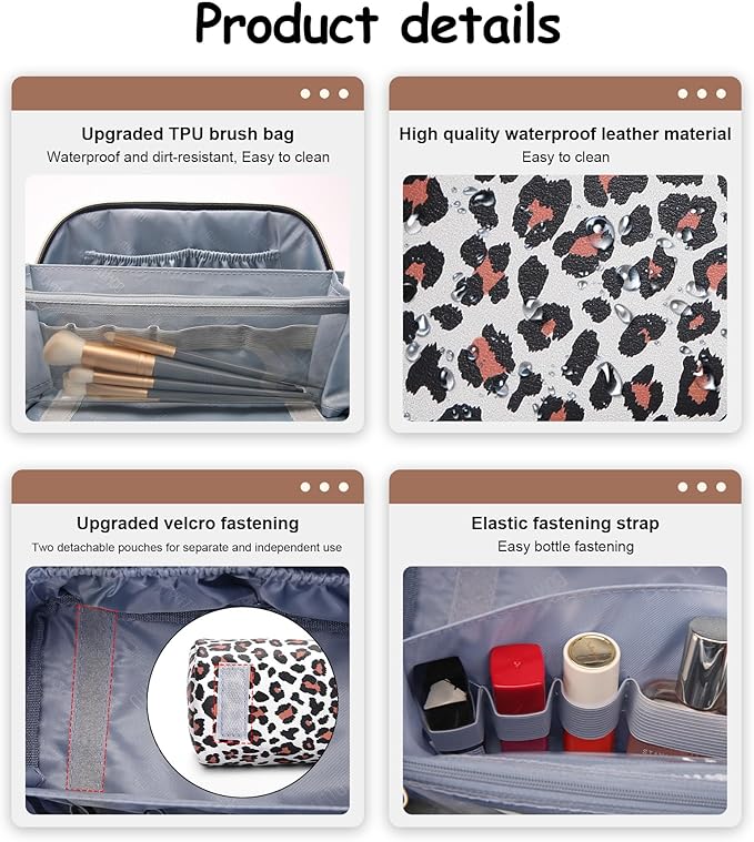 BOYATU Travel Makeup Bags Cosmetic Organizer Bag: 3 Pcs Set Large Capacity Make up Bag with Compartments - Waterproof Leather Toiletry Bags with Handle for Women (B-White)