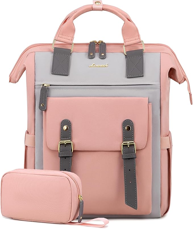 LOVEVOOK Laptop Backpack for Women, Teacher Nurse Bag Work Travel Computer Backpacks Purse,Water Resistant Daypack,Pink Grey 15.6in