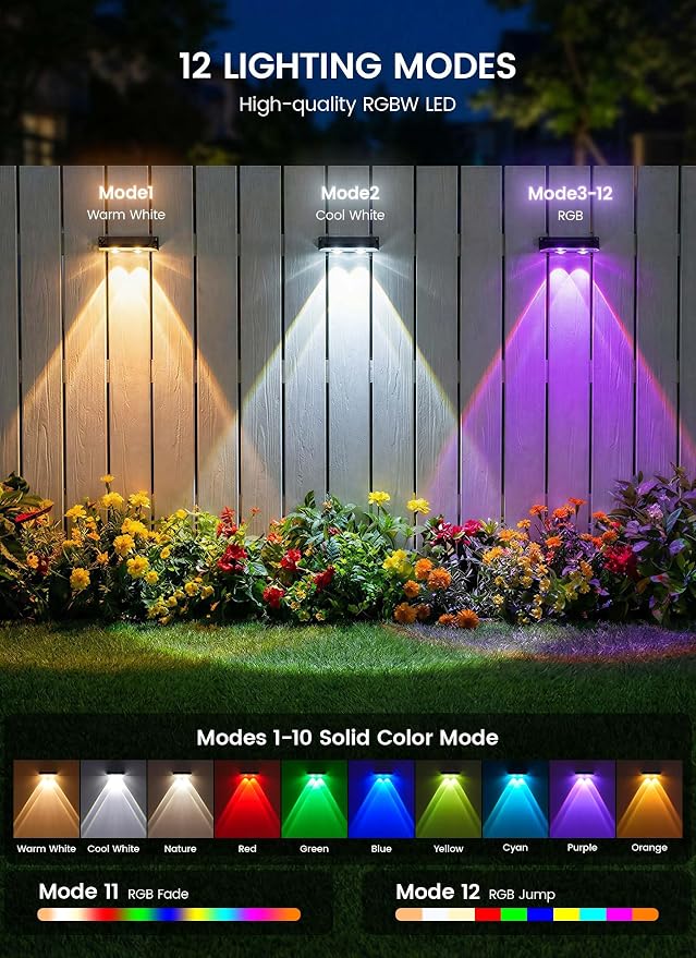 Brightown 8 Pack Solar Fence Lights Outdoor, 3000/4000/6000K/RGB 12 Modes | Fence Lights Solar Powered, 11 Colors, IP65 Waterproof, for Outside Backyard, Deck, Step, Wall, Yard, Patio, Pool, Railing