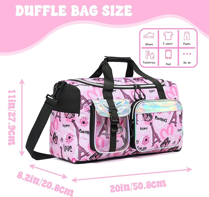 Kids Duffle Bag Girls Dance Bag Travel Overnight Sleepover Bags for Girls Gymnastics Sports Bags for Kids with Shoe Compartment