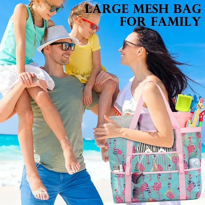 Fammart Mesh Beach Bag, Large Beach Tote with Zipper Pocket, Toys Pool Bag for Family Travel Vacation Cruise Essentials