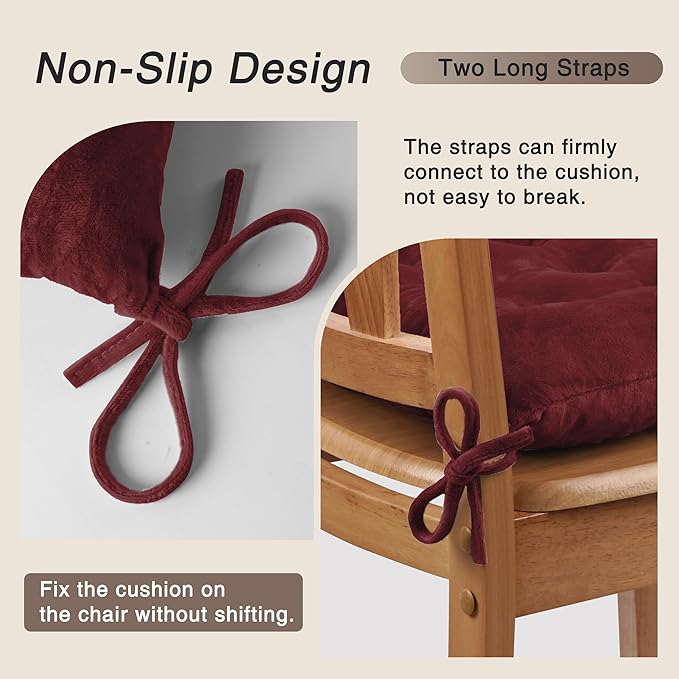 OVOV 4 Pack Chair Cushions for Dining Chairs Soft Seat Cushions for Kitchen Desk Chairs Square Chair Pads with Ties (15.5"x15.5" Burgundy)