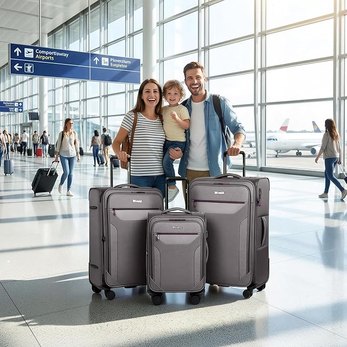 3PCS Set Softside Luggage Sets w/ Spinner Wheels,Expandable 20% Suitcase Upright Spinner Softshell w/TSA LOCK, Lightweight Durable Rolling Travel Luggage Set for Men/Women（Grey,22in/28in/32in）
