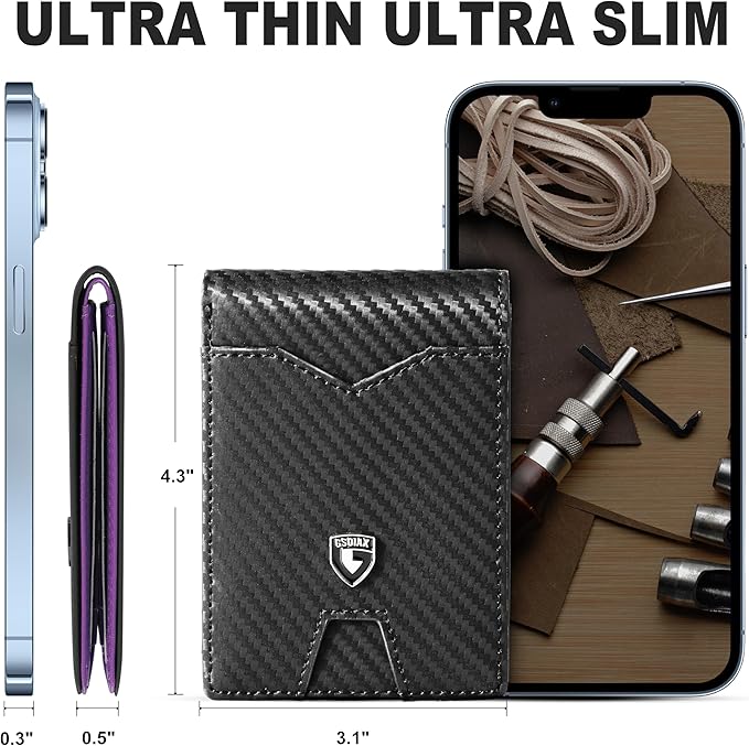 GSOIAX Slim Wallet for Men Rfid Blocking Leather Bifold Front Pocket Carbon Fiber Credit Card Holder Novelty Wallets With Gift Box (Carbon Black and Purple)