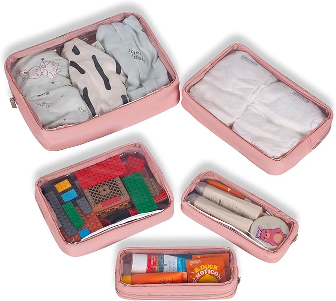 TSA Approved 5-Piece Diaper Bag Organizer Pouch Set Clear Waterproof TPU Kids Toiletry Storage Set Travel Packing Clutch Cube Bags for Baby Nursing (Pink Leather)