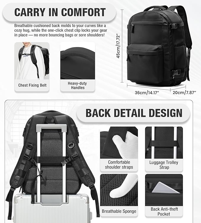 VECAVE Vacuum Travel Backpack with Pump for Women, Personal Item Carry on Backpacks Flight Approved for Men,Laptop Waterproof Work Compression bags Casual Daypack Black..