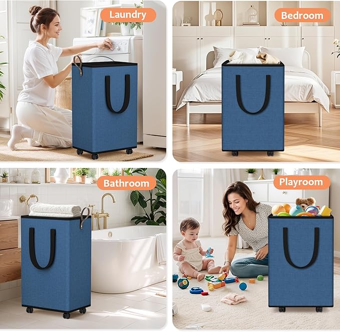 Laundry Basket with Wheels, Collapsible Laundry Baskets, Laundry Hamper with Handles Detachable Wheels, Rolling Laundry Basket, Dirty Clothes Hamper for Bathroom, Dorm, Bedroom, Navy, 80L
