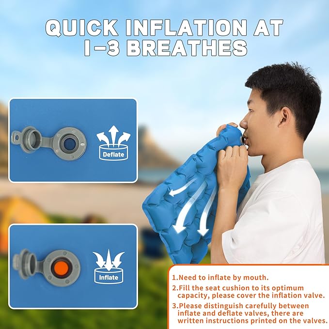 Inflatable Seat Cushion, Lightweight Camping Air Sitting Pad with Repair Cloths, Waterproof Air Cushion, Portable Air Seat Cushion for Climbing Hiking Office Airplane Car Stadium Seat