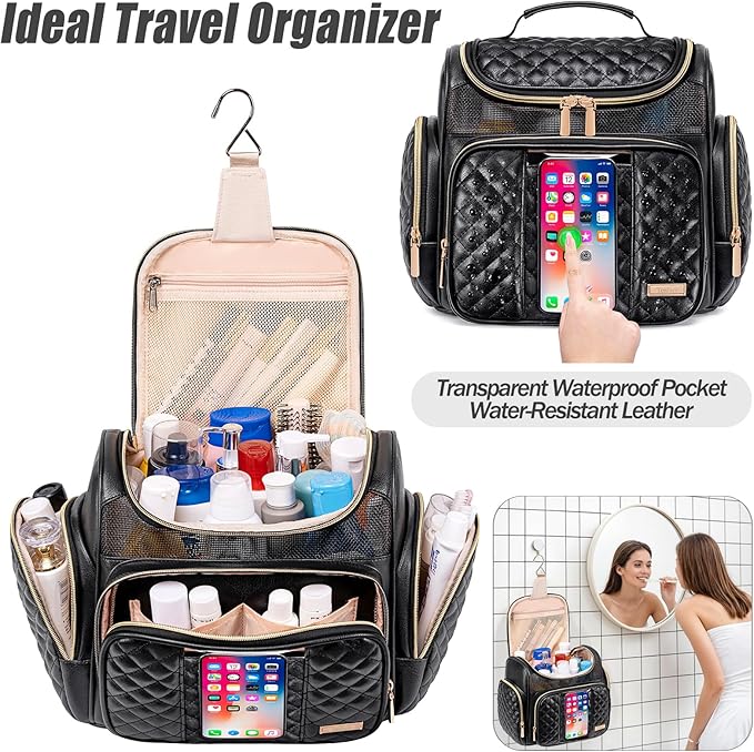 Large Leather Toiletry Bag for Women Men,Bathroom Bag,Water Resistant Shower Bag,Makeup Bag,Portable Shower Caddy for College Dorm,Hanging Travel Toiletry Bag with Transparent Waterproof Phone Pocket