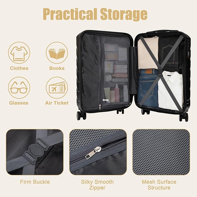 20 Inch Carry On Luggage, Lightweight ABS Hard Shell Suitcase with Spinner Wheels, Durable Travel Luggage with Combination Lock & Side Hooks for Men Women, Black