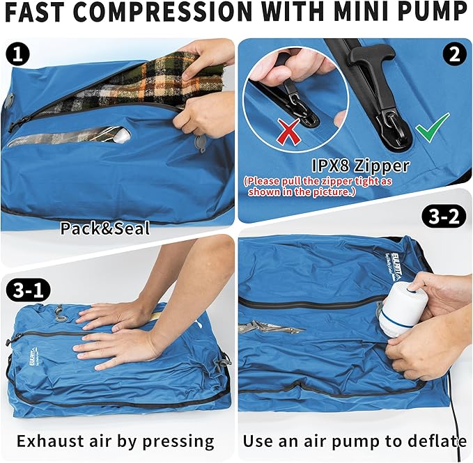 Reusable Vacuum Bags for Travel With Pump,Professional Waterproof IPX8 Vacuum Compression Bag for Suitcases Backpack,Space Saver Bags Packing Organizers for Clothing Packing(2 Pack,Blue)