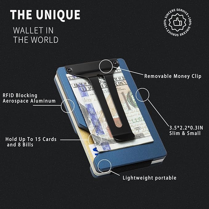 Carbon Fiber Minimalist Wallet for Men Credit Card Holder Money Clip & Cash Strap Slim RFID Mens Wallets(Matte Blue)