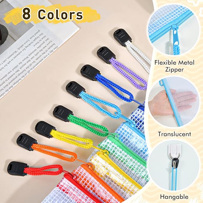 24pcs Mesh Zipper Pouch Bags, A3 Large Size 8 Colors Plastic Zipper Bags for Organizing Storage, Clear Pouches with Zipper, Waterproof Mesh Bags for School Supplies, Home Organize, Travel Storage