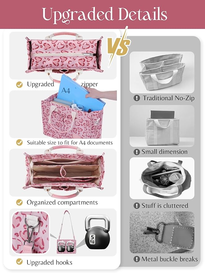 FIORETTO Canvas Tote Bag for Women with Zipper Closure & Individual Compartments for Work College for Teacher & Nurse