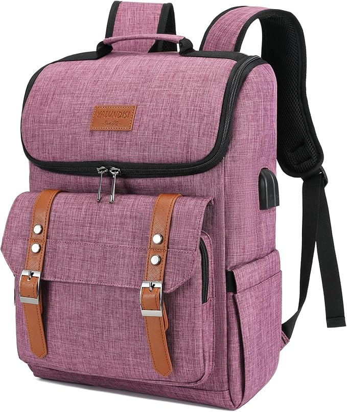 YALUNDISI Vintage Backpack Travel Laptop Backpack with usb Charging Port for Women & Men College Backpack Fits 15.6 Inch Laptop Purple Brown
