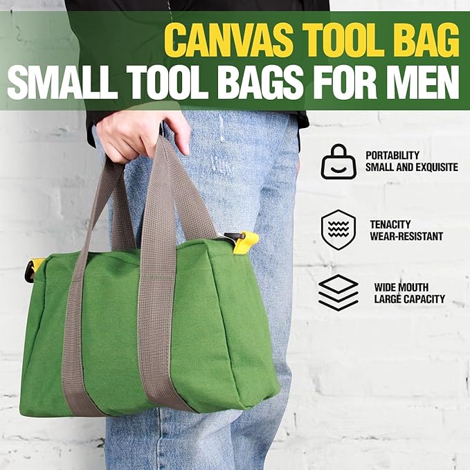 Small Tool Bag, Canvas Tool Storage Bag, Large Capacity Multipurpose Zipper Soft Tote Organizer Pouch for Electrician, Plumbing, Gardening,Tools Bags for Men (Green, 18 Inch)