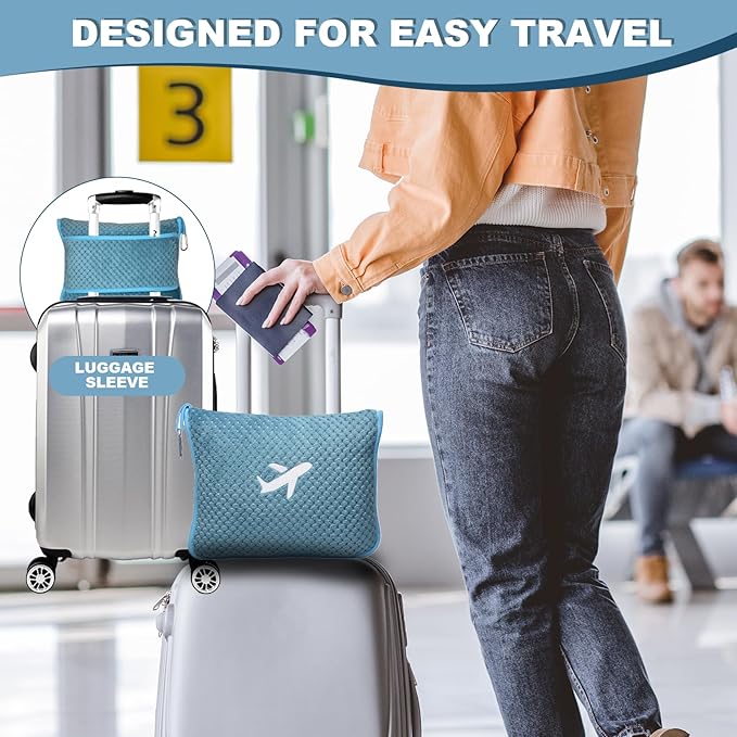 Travel Blanket Airplane Compact with Bag, Travel Essentials 3 in 1 Packable Airplane Blanket, Travel Pillow and Blanket Set, Inflatable Pillow, Luggage Sleeve & Backpack Clip (Slate Blue)