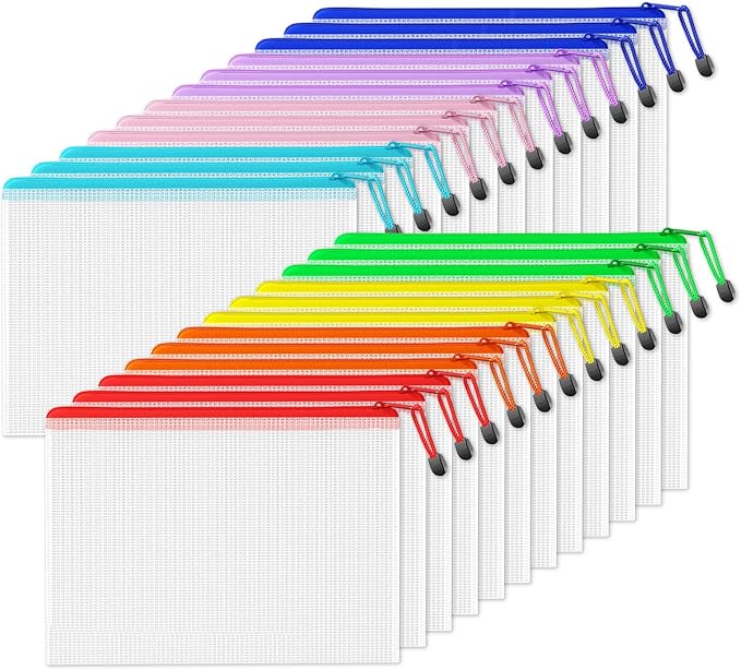 SUNEE Plastic Mesh Zipper Pouch 11x15 in (8 Colors, 24 Packs),Extra Large Water-Resistant Zip Bag for School Office Supplies, Puzzles & Games Organizing Storage