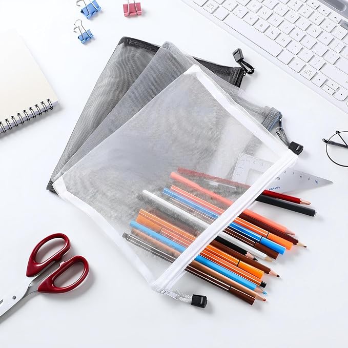Outus 15 Pieces Mesh Bags Pouch Mesh Zipper Pouch Makeup Bags Cosmetic Travel Organizer Zipper Pencil Case for Organizing Office travel Storage(9.84 x 7.09 Inches,Black, Gray, White)