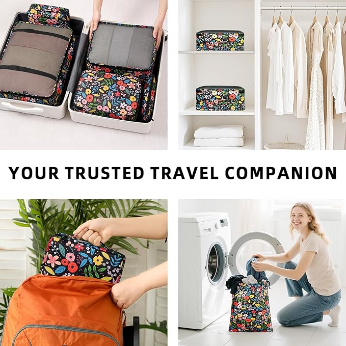 BAGAIL 8 Set Packing Cubes Luggage Packing Organizers for Travel Accessories-Black Floral