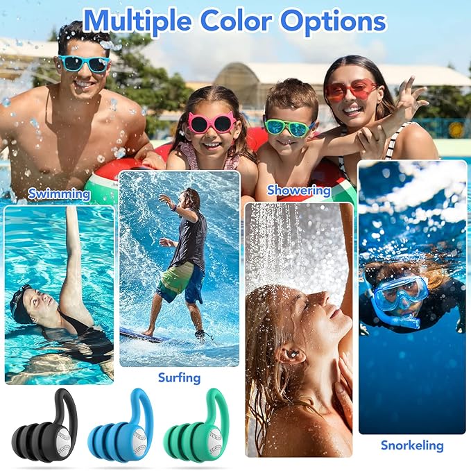 Swimming Ear Plugs Waterproof Earplugs - 3 Pairs Silicone Swim Ear Plugs for Adult Kids, Water Sports Earplugs for Showering, Bathing, Surfing - Keep Ear Water Out