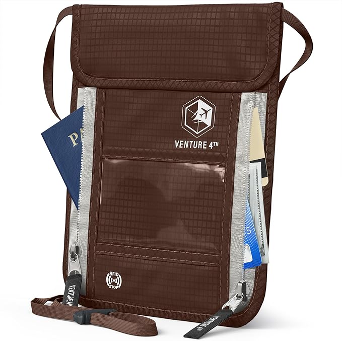 VENTURE 4TH Neck Wallet for Women & Men – RFID Blocking Passport Holder for Travel, Hidden Neck Pouch with 6 Compartments, Slim Lightweight Travel Organizer with Adjustable Strap (Brown)