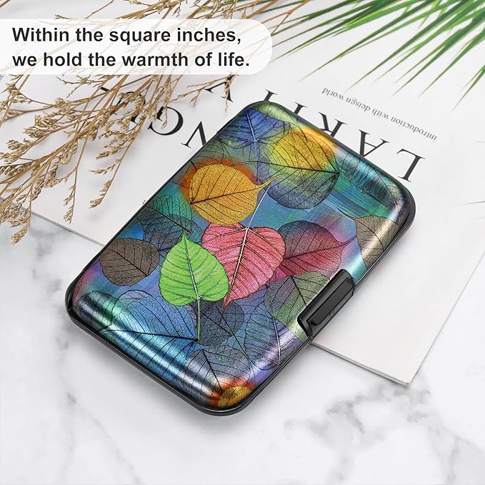 ELFISH Mini RFID Aluminum Wallet Credit Cards Holder Business Card Case Metal ID Case for Men Women（Colorful Leaves