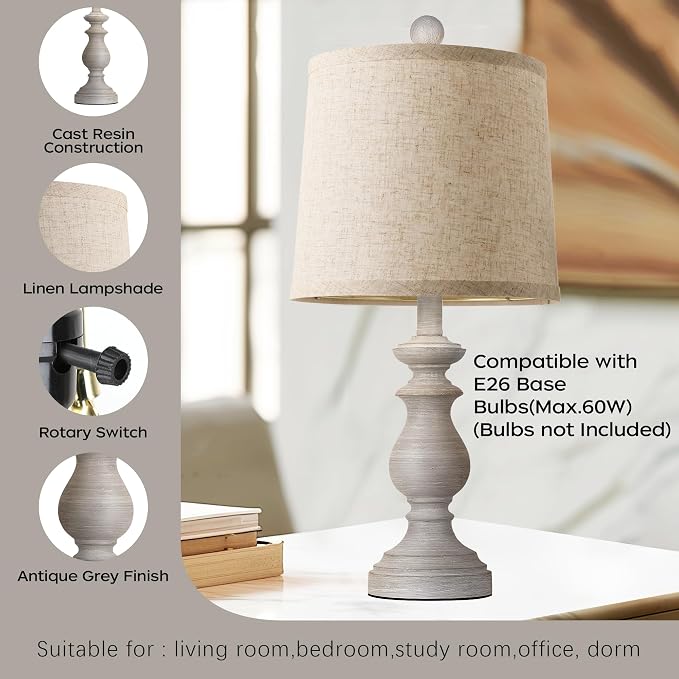 Traditional Table Lamp Set of 2, Rustic Farmhouse Table Lamps for Living Room Bedroom, 22" Bedside Desk Lamps Vintage Nightstand Lamps with Linen Shades, Antique Grey