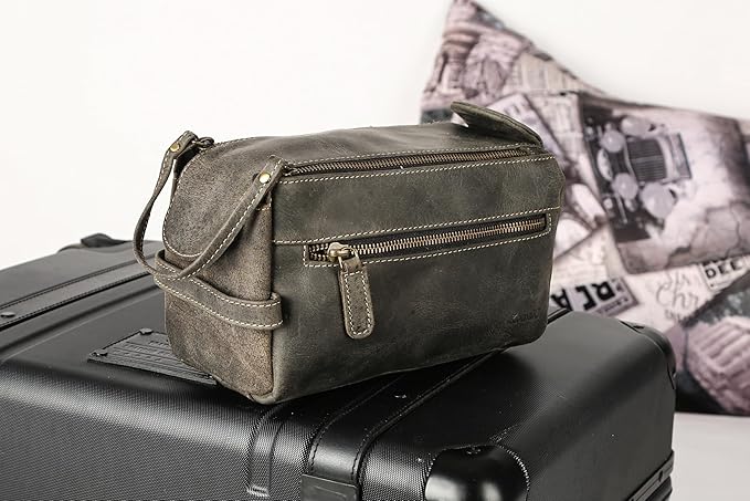 KomalC Premium Buffalo Leather Toiletry Bag for Men & Women With Water resistant Lining, Grooming Travel Pouch, Unisex Wash Bag for Toiletries, Gifts for Men and Women
