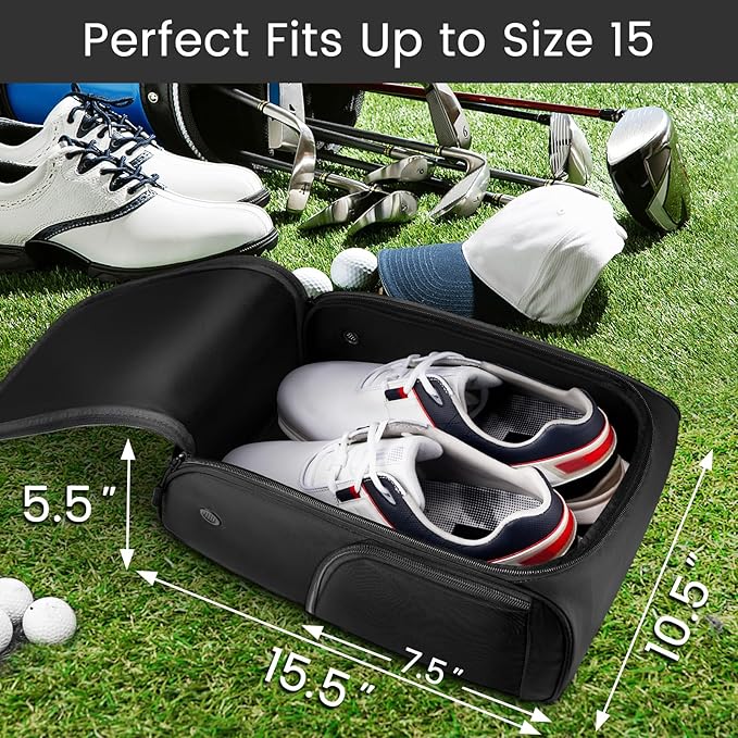 YOREPEK Golf Shoe Bag, Golf Accessories Bag with 3 Pockets for Socks, Tees, Balls, Designed with a Buckle Top Carry Handle, Zippered Sport Shoe Carrier Bags with Ventilation, Golf Gifts for Men, Black