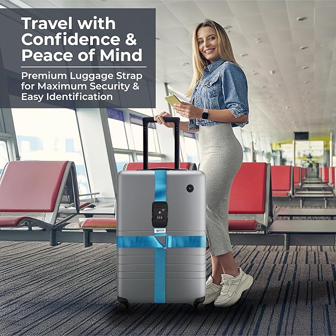 Nylon Luggage Straps for Suitcases | TSA Approved Adjustable Strap w/ 3-Digit Combo Lock | Heavy Duty Belt for 20-32 Inch Suitcases | Travel Luggage Belt Strap for Easy Identification (Neon Blue)
