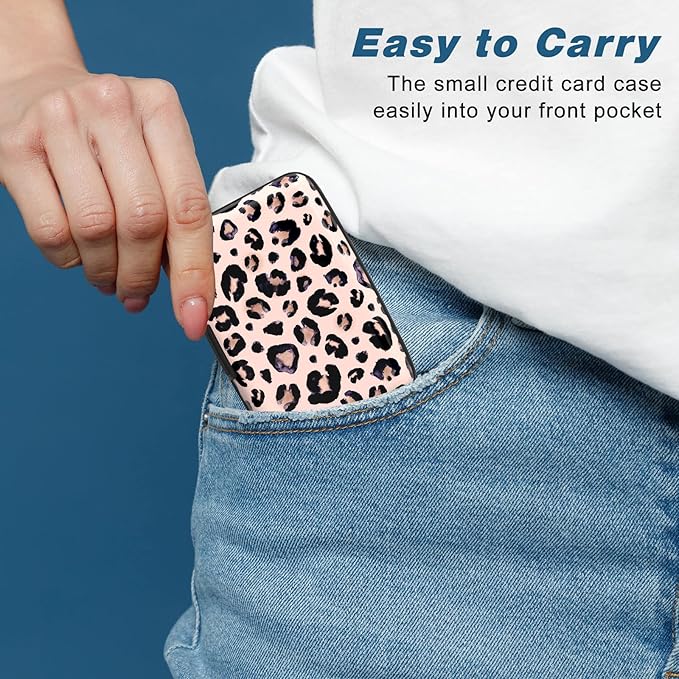 Credit Card Holder, Mini Aluminum Card Wallet RFID Blocking Slim Metal Hard Card Case for Women Men, Pink Leopard