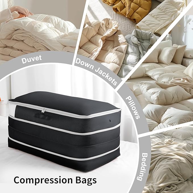 Comforter Storage Bag - Large Capacity Bedding Storage Bags Ultra Space Saving Self Compression Organizer, Washable Compression Bags for Storage Comforter Blanket Duvet Pillow, 6-Pack, Black