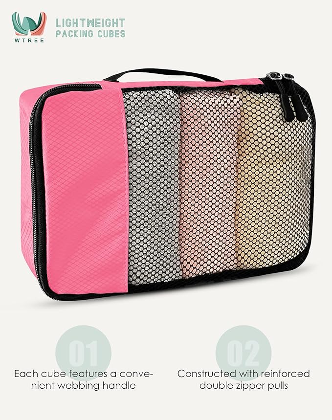 4-Piece Packing Cubes Travel Accessories Set for Suitcases - Luggage Organizer Bags with Double Zipper - Mesh Top - Medium - Pink