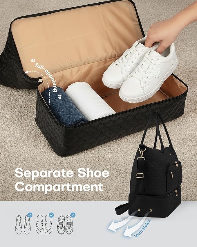 HOTOR Travel Duffle Bag for Women - Carry on Bag with Toiletry Pouch & Shoe Compartment, Large Overnight Weekender Bags for Gym, Business Trips, Sports and Hospital, Black, 18.1" x 8.7" x 15.8"
